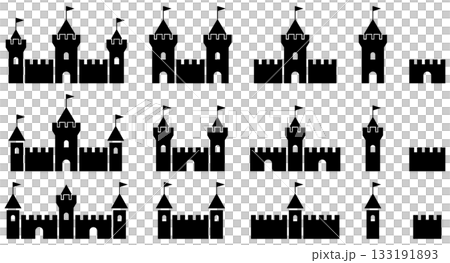 Set of vector illustrations of castles, forts and fortress icons of various shapes 133191893
