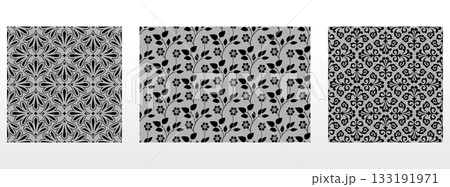 Geometric floral set of seamless patterns. Gray and black vector backgrounds. Damask graphic ornaments 133191971