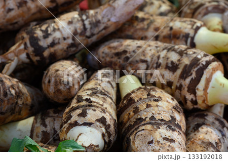 Fresh taro roots displayed at a vibrant local market in the heart of autumn 133192018