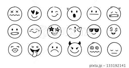 Face emoji icon set. Hand drawn doodle sketch style happy, angry, sad mood face emoticon background. Funny cartoon characters smile, wink, kiss emoji. Cute line emotion element. Vector 133192141