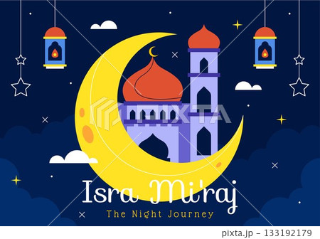 Isra Mi'raj Vector Illustration, featuring The Night Journey Of Prophet Muhammad With Mosque And Lantern In An Islamic Holiday Flat Background Isra Mi'raj Vector Illustration, featuring The Night Journey Of Prophet Muhammad With Mosque And Lantern In An Islamic Holiday Flat Background 133192179