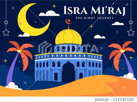 Isra Mi'raj Vector Illustration, featuring The Night Journey Of Prophet Muhammad With Mosque And Lantern In An Islamic Holiday Flat Background 133192180
