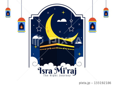 Isra Mi'raj Vector Illustration, featuring The Night Journey Of Prophet Muhammad With Mosque And Lantern In An Islamic Holiday Flat Background 133192186