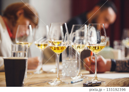 Blind wine tasting, Sommelier passes training for get the certification. Wine waiter school, winemaking lecture. 133192396
