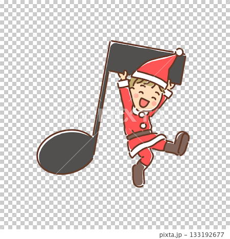 Boy dressed as Santa Claus hanging from musical notes, full color 133192677