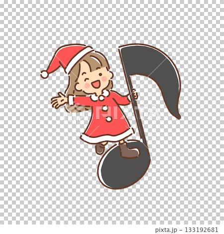 Girl dressed as Santa Claus waving on a musical note - full color Girl dressed as Santa Claus waving on a musical note - full color 133192681