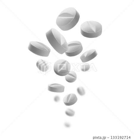 White round tablets levitate on a white background 133192714
