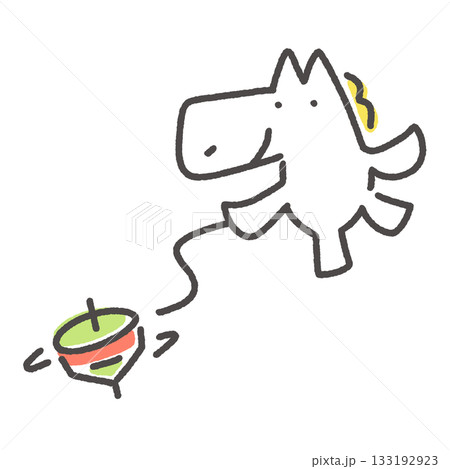 コマ回しをして遊ぶ白馬　独楽　正月遊び　手描き 133192923