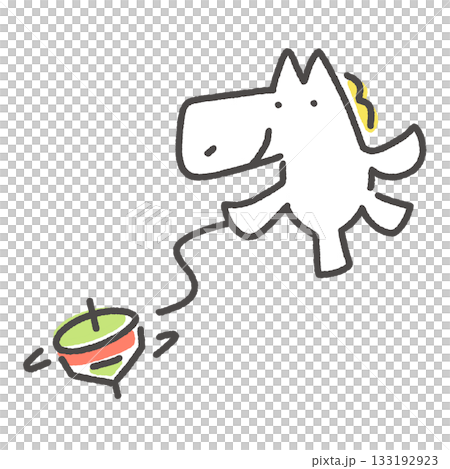 コマ回しをして遊ぶ白馬　独楽　正月遊び　手描き 133192923