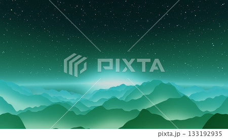 Dreamy abstract landscape with soft layered mountain silhouettes in turquoise teal gradient and atmospheric fog under starry night sky background 133192935