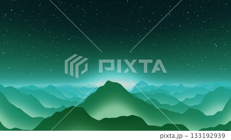 Abstract layered mountain landscape with turquoise and teal gradient, atmospheric mist effect and starry night sky, minimalist nature background Abstract layered mountain landscape with turquoise and teal gradient, atmospheric mist effect and starry night sky, minimalist nature background 133192939