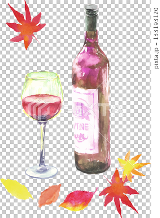 秋葉和紅酒的水彩插圖向量圖 133193120