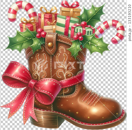 A Christmas cowboy boot overflows with gifts candy canes and holly A Christmas cowboy boot overflows with gifts candy canes and holly 133193210