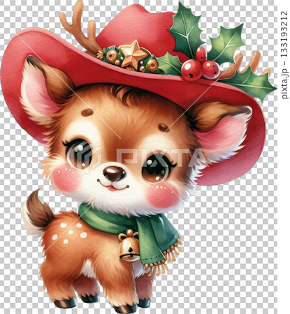 A cute cartoon fawn wearing a festive Christmas cowboy hat A cute cartoon fawn wearing a festive Christmas cowboy hat 133193212