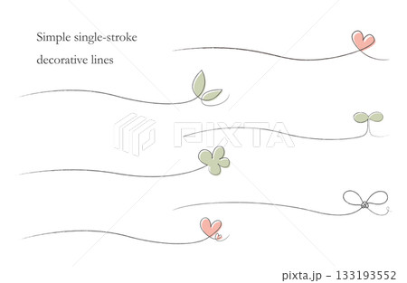 葉っぱやハート、リボンなど6種類の一筆書き飾りライン 133193552