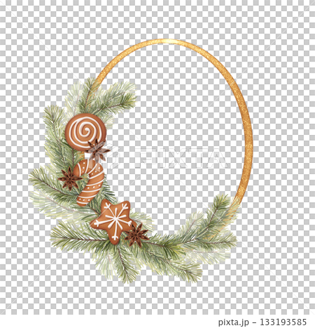 Isolated illustration of an oval golden frame decorated with hand-drawn pine branches, gingerbread cookies, and star anise. Design for Christmas card, winter holiday invitation or festive product Isolated illustration of an oval golden frame decorated with hand-drawn pine branches, gingerbread cookies, and star anise. Design for Christmas card, winter holiday invitation or festive product 133193585