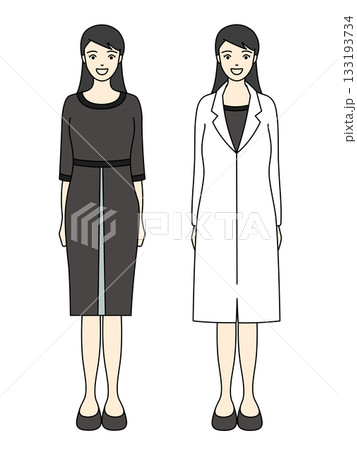 黒いワンピースと白衣を羽織った女性のフォーマルな全身イラスト 133193734