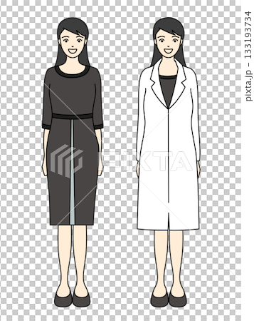 黒いワンピースと白衣を羽織った女性のフォーマルな全身イラスト 133193734