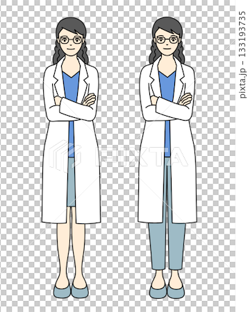 腕組みで立つメガネをかけた女性医師と研究者の白衣姿の全身イラスト 133193735