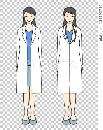 笑顔で立つ女性医師と研究者の白衣姿と聴診器を首にかけた女性の全身イラスト 133193736