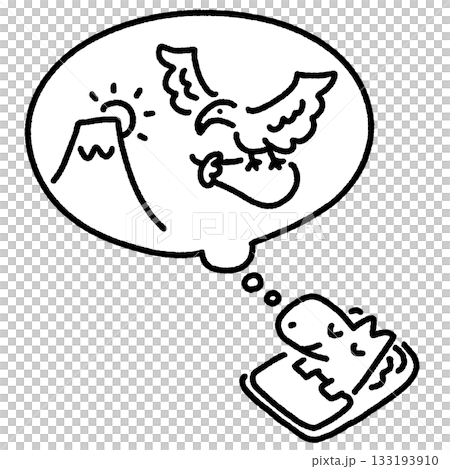 縁起のいい初夢を見る白馬　一富士二鷹三茄子　正月素材　モノクロ 133193910