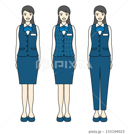 笑顔で立つ青いベストとスカート・パンツ姿の事務服女性の全身イラスト 133194025