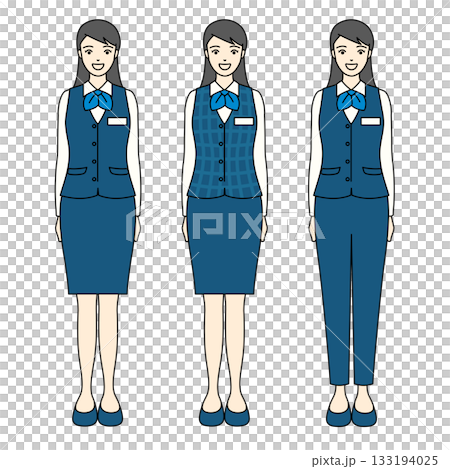 身穿藍色背心和裙子/褲子的微笑女子全身插畫 133194025