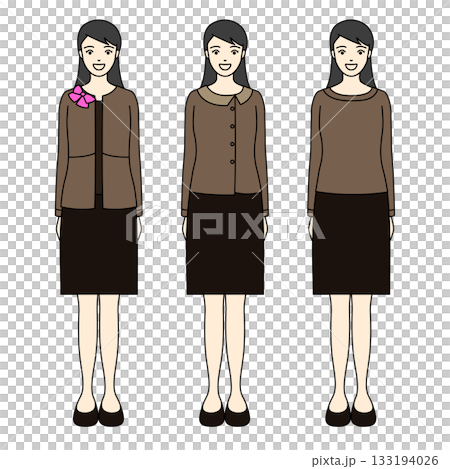Full-body illustration of a woman in a brown jacket and skirt, or business attire 133194026