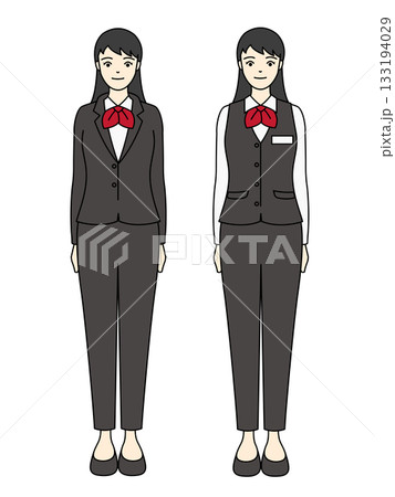 赤いリボンタイのブラックスーツとベスト・パンツ姿のビジネスウーマンの全身イラスト 赤いリボンタイのブラックスーツとベスト・パンツ姿のビジネスウーマンの全身イラスト 133194029