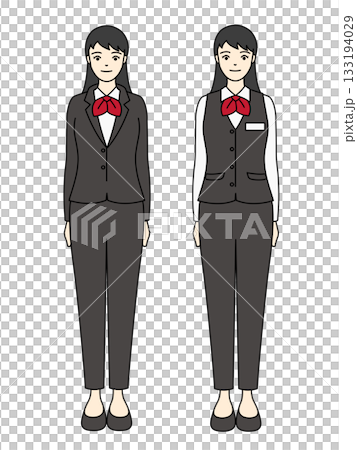 赤いリボンタイのブラックスーツとベスト・パンツ姿のビジネスウーマンの全身イラスト 赤いリボンタイのブラックスーツとベスト・パンツ姿のビジネスウーマンの全身イラスト 133194029