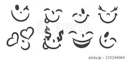 Vector set of hand drawn smile icons in brush style. Cute emotional faces, doodle expressions, playful minimal line art for stickers, design, prints and decoration Vector set of hand drawn smile icons in brush style. Cute emotional faces, doodle expressions, playful minimal line art for stickers, design, prints and decoration 133194064