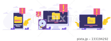 Phone, Laptop, Desktop full memory. Storage space file is full concepts set. Flat Vector illustrations bundle, collections . Phone, Laptop, Desktop full memory. Storage space file is full concepts set. Flat Vector illustrations bundle, collections . 133194292