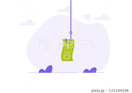 Money bait, money trap concept. Dollar on the fishing hook. Vector illustrations for banner, website, landing page, flyer. 133194296