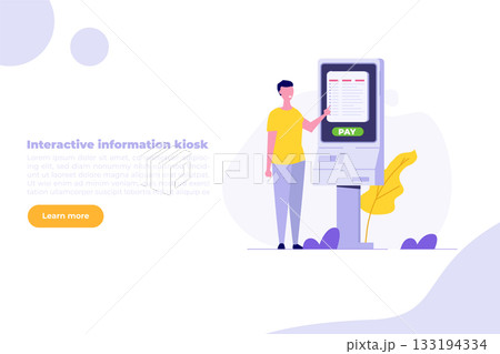 Man using self service terminal, Interactive information kiosk concept. Flat Vector illustration for banner, website, landing page, flyer. 133194334