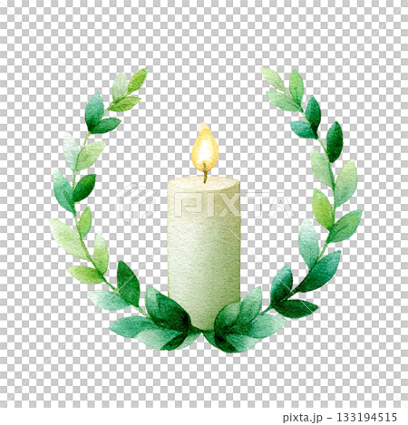 透明背景上的點燃蠟燭和綠葉圖案插圖（png格式） 133194515