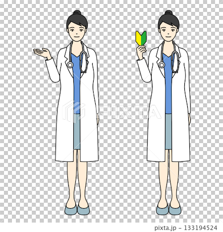 白衣姿で案内・説明をする女性医師と初心者マークのセット 133194524