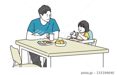 ダイニングテーブルで食事をする父親と娘のイラスト素材 133194640