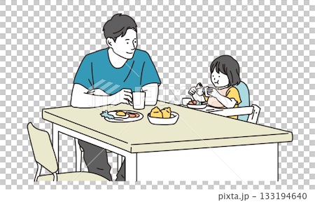 ダイニングテーブルで食事をする父親と娘のイラスト素材 133194640