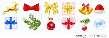 Realistic vector set of Christmas decorations: gifts, bows, bells, baubles, fir branches, Santa hat, reindeer and glowing elements. Perfect for festive designs, cards, posters and winter celebrations. 133194663