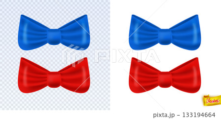 Realistic vector bows in bright blue and red colors. Glossy decorative elements perfect for gifts, festive designs, branding, holiday cards, packaging, and seasonal graphic 133194664