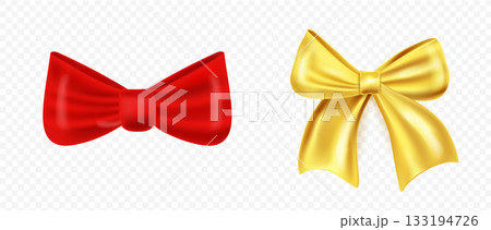Vector illustration of glossy satin red and gold bows. Perfect for festive gift wrapping, Christmas and New Year decoration, elegant holiday design and celebration graphi Vector illustration of glossy satin red and gold bows. Perfect for festive gift wrapping, Christmas and New Year decoration, elegant holiday design and celebration graphi 133194726