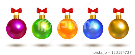 Vector set of glossy Christmas balls with red bows in bright festive colors. Perfect for holiday greeting cards, New Year design, decoration and joyful winter projects. 133194727