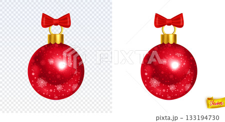 Realistic red Christmas bauble with golden bow, snowflake pattern and glossy shine. Isolated festive ornament for holiday design, New Year decorations, greeting cards and winter projects Realistic red Christmas bauble with golden bow, snowflake pattern and glossy shine. Isolated festive ornament for holiday design, New Year decorations, greeting cards and winter projects 133194730