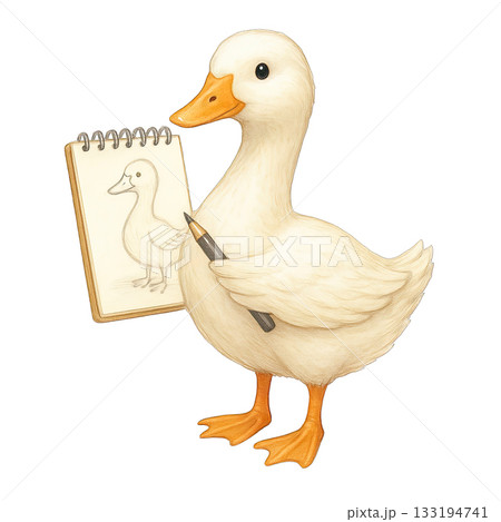 Duck holding pencil and sketchbook with duck drawing 133194741