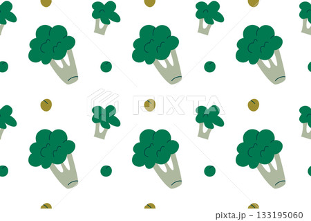 Vector illustration pattern with green broccoli florets. Flat cartoon vegetable design, healthy food theme, nutrition elements, organic produce for culinary prints and wellness branding 133195060