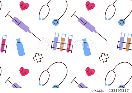 Vector illustration pattern with bright medical icons, syringe, vial, stethoscope, pills, cross. Flat cartoon healthcare symbols, clinical supplies, pharmacy and hospital theme for medical collection Vector illustration pattern with bright medical icons, syringe, vial, stethoscope, pills, cross. Flat cartoon healthcare symbols, clinical supplies, pharmacy and hospital theme for medical collection 133195317
