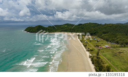 Top view of tropical landscape with a beautiful beach. Kimihang beach. Borneo, Sabah, Malaysia. 133195318