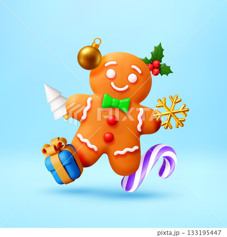 3D gingerbread man with holly, snowflake, gift box 3D gingerbread man with holly, snowflake, gift box 133195447