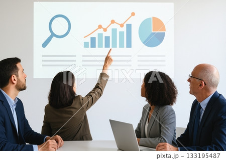 Business team analyzing charts and graphs in office meeting presentation Business team analyzing charts and graphs in office meeting presentation 133195487