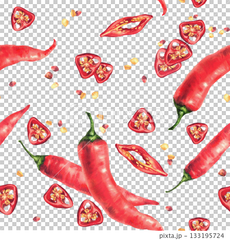Watercolor chili pepper seamless pattern. Red whole vegetables and cut pods round sliced with seeds. Realistic hand painted illustrations. Hot spice design for food fabric Isolated from background 133195724